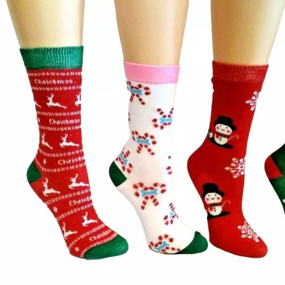 4 pr. Woman's Christmas Crew Socks 9-11 Snowman, Santa, Reindeer, & Candy Canes - Picture 3 of 3